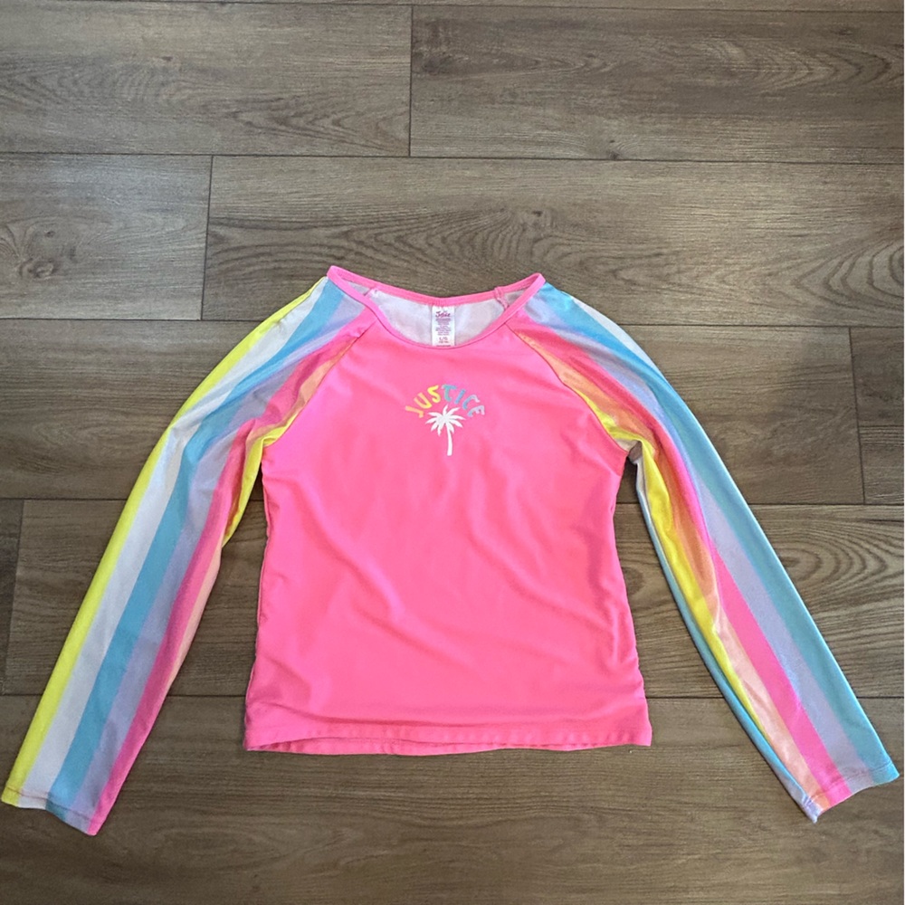 Justice Girls L 12/14 Neon Pink Rainbow Sleeve Swimtek Top